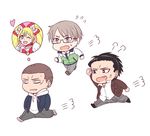  3boys :d alice_girls_shiny_heart anger_vein arm_up black_hair blazer blonde_hair brown_eyes brown_hair chibi clenched_hand commentary_request delinquent fang glasses hairband hands_in_pockets heart hood hoodie jacket male_focus mole mole_under_mouth multiple_boys nakajou_tatsuya necktie one_eye_closed ooiwa_wataru open_mouth original parari_(parari000) pink_eyes running semi-rimless_eyewear shiny_heart_(alice_girls) short_hair simple_background smile super_heroine_boy sweatdrop thought_bubble track_jacket twintails uchino_kazuhisa under-rim_eyewear very_short_hair white_background 