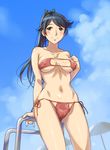 anchor_print ass_visible_through_thighs bangs beach_umbrella bikini black_eyes black_hair blush body_blush breasts breasts_apart clenched_hand closed_mouth cloud collarbone covered_nipples crescent day groin houshou_(kantai_collection) jewelry kantai_collection looking_at_viewer medium_breasts navel necklace outdoors pink_bikini ponytail railing sameha_ikuya shiny shiny_skin side-tie_bikini sky smile solo standing swept_bangs swimsuit umbrella 