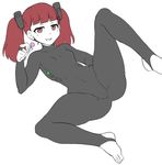  1girl bodysuit feet jadf lollipop on_back open_mouth red_eyes red_hair spread_legs 