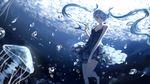  barefoot barli black_dress blue_eyes blue_hair breasts bubble cleavage collarbone dress floating_hair hair_ornament hatsune_miku highres long_hair shinkai_shoujo_(vocaloid) small_breasts smile solo twintails underwater very_long_hair vocaloid 