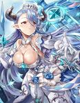  breasts cleavage commentary_request draph dress gloves granblue_fantasy hair_between_eyes hair_ornament hat himuro_(dobu_no_hotori) horns izmir large_breasts long_hair pointy_ears red_eyes solo white_gloves 