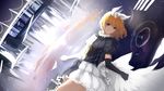  asymmetrical_legwear barli bird black_gloves blonde_hair blue_eyes dress elbow_gloves gloves hair_ribbon highres kagamine_rin lying on_back outdoors partially_submerged reflecting_pool ribbon short_hair solo vocaloid white_feathers white_gloves white_ribbon white_wings wings yellow_ribbon 