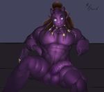  2015 abs balls brown_hair digital_media_(artwork) draenei empty_eyes eyebrows front_view glowing glowing_eyes gold_(metal) hair hair_bun half-erect holding_tail humanoid long_hair looking_at_viewer male muscular muscular_male nipples not_furry nude pecs penis pinup pose precum purple_balls purple_nipples purple_penis purple_skin purple_tail reclining signature solo tail_ring tentacles video_games warcraft zomacaius 