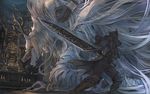  black_footwear black_gloves bloodborne boots candle capelet gloves hat holding holding_sword holding_weapon horn hunter_(bloodborne) monster open_mouth standing statue sword tail vicar_amelia weapon 
