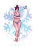  barefoot bikini blue_bikini breasts brown_hair cleavage crossed_arms full_body glasses hair_bun hair_ornament hairpin highres huge_breasts jewelry krystopher_decker mei_(overwatch) navel necklace overwatch parted_lips plump realistic snow solo stomach swimsuit teeth toes 