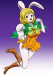  1girl animal_ears blonde_hair boots breasts bunny_ears bunny_tail carrot_(one_piece) dress erect_nipples feet full_body gradient_background happy highres large_breasts legs looking_at_viewer nel-zel_formula one_piece open_mouth orange_dress pale_skin panties pantyshot_(standing) red_eyes short_hair simple_background smile solo tail thighs underwear 