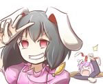  carrot_necklace commentary_request ears_down fallen_down grin highres hole inaba_tewi looking_at_viewer no_pupils open_mouth peroponesosu. pitfall red_eyes reisen_udongein_inaba screaming smile touhou v white_background 