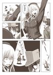  accident atago_(kantai_collection) breast_slap breasts comic greyscale highres image_sample kantai_collection large_breasts military military_uniform monochrome multiple_girls pan-pa-ka-paaan! pantyhose pixiv_sample ryuujou_(kantai_collection) satsumaimo_pai shaded_face smile spotlight translated uniform wavy_mouth 