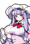  blush breasts crescent crescent_hair_ornament dress hair_ornament hat hat_ribbon hiro_(h-net) large_breasts long_hair mob_cap patchouli_knowledge plump purple_hair red_eyes ribbon simple_background smile solo striped striped_dress touhou white_background 