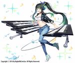  :d bad_id bad_pixiv_id breasts bustier carchet chain choker cleavage denim droplet eighth_note gradient_hair green_eyes green_hair hair_ornament headphones highres instrument jacket jeans keyboard_(instrument) linmay long_hair medium_breasts midriff multicolored_hair musical_note open_clothes open_jacket open_mouth pants platform_footwear ponytail smile soccer_spirits solo sparkle very_long_hair 