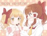  +_+ 2girls alternate_hair_length alternate_hairstyle alternate_headwear apron arm_up blonde_hair blush bow braid brown_eyes brown_hair chocolate chocolate_heart cravat english_text feeding fingernails hair_bow hair_tubes hakurei_reimu half_updo happy_valentine hase_tsumugi heart high_collar highres holding_chocolate kirisame_marisa long_sleeves looking_at_another looking_to_the_side multiple_girls open_mouth pink_apron polka_dot polka_dot_background red_bow red_vest shirt short_hair side_ponytail sidelocks single_braid touhou two-tone_background upper_body valentine vest white_background white_shirt yellow_eyes yellow_neckwear 