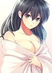  bangs black_hair blanket blurry blush breasts cleavage covering depth_of_field eyelashes gradient gradient_background grey_eyes hair_between_eyes higurashi_kagome inuyasha japanese_clothes large_breasts long_hair looking_at_viewer motobi_(mtb_umk) o3o off_shoulder pout shiny shiny_hair solo upper_body 