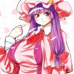  breasts crescent crescent_hair_ornament dress hair_ornament hat hat_ribbon heart hiro_(h-net) large_breasts long_hair mob_cap patchouli_knowledge pointing pointing_at_self purple_hair red_eyes ribbon smile solo striped striped_dress touhou 