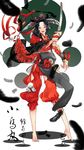  barefoot black_hair blurry brown_eyes depth_of_field enomoto_(guroria009) feathers fingernails hair_feathers japanese_clothes katana kogarasumaru_(touken_ranbu) male_focus pom_pom_(clothes) ponytail sharp_fingernails smile solo sword touken_ranbu weapon 