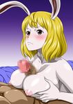  1girl animal_ears areolae bed blonde_hair blush breast_squeeze breasts bunny_ears carrot_(one_piece) censored gradient_background highres large_breasts looking_away lying mosaic_censoring nel-zel_formula nipples one_piece paizuri pale_skin penis red_eyes short_hair simple_background solo_focus 