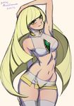  adapted_costume artist_name blonde_hair blush breasts crop_top dated green_eyes halter_top halterneck impossible_hair long_hair lusamine_(pokemon) medium_breasts midriff mina_cream miniskirt navel pokemon pokemon_(game) pokemon_sm short_shorts shorts skirt solo thighhighs thighs toned very_long_hair 