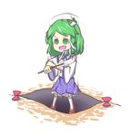  :d bad_end commentary_request falling frog_hair_ornament gap gohei green_eyes green_hair hair_ornament highres kochiya_sanae motion_lines no_pupils open_mouth peroponesosu. pitfall sleeves_rolled_up smile solo touhou v-shaped_eyebrows white_background 