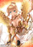  angel armor armored_boots bare_shoulders black_legwear blonde_hair blue_eyes boots breastplate breasts dress feathered_wings gold hair_bun ice_(ice_aptx) iede_tenshi_no_ikusei_keikaku jewelry large_breasts looking_at_viewer navel navel_cutout necklace official_art original sidelocks skindentation smile solo sun thighhighs white_dress wings 