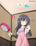  :&lt; ? apron arm_warmers asashio_(kantai_collection) black_hair blush directional_arrow dress_shirt failure food_on_ceiling frying_pan grey_eyes highres indoors kantai_collection long_hair motion_lines pink_apron shirt solo spatula sunny_side_up_egg suspenders tamayan twitter_username 