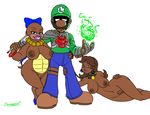  4:3 absurd_res anthro areola armor blue_eyes bomb-omb bracelet breasts brown_hair brown_skin clothed clothed_male clothing collar dark_skin doomington ear_piercing female fireball group hair hair_bow hair_ribbon hat hi_res human jewelry koopa koopaling looking_at_viewer luigi magic male mammal mario_bros necklace nintendo nipples nude nude_female piercing princess_daisy pubes pussy ribbons robinebra scalie signature simple_background spiked_collar spikes video_games wendy_o_koopa white_background wide_hips 