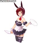  3gs animal_ears brown_hair bunny_ears chara_(undertale) highres knife maid maid_headdress purple_eyes short_hair smile solo thighhighs tray undertale zettai_ryouiki 