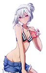  altera_(fate) bikini_top blush fate/extella fate/extra fate_(series) highres himo jewelry navel red_eyes ring shorts simple_background smile solo tattoo white_background white_hair 