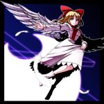  arm_garter black_border blonde_hair blue_background border bow bowtie crescent dress eyebrows eyebrows_visible_through_hair feathered_wings feathers gengetsu hair_bow juliet_sleeves kikoka_(mizuumi) long_sleeves looking_at_viewer outstretched_arm puffy_sleeves red_bow red_neckwear skirt_hold sleeve_cuffs smile solo touhou touhou_(pc-98) white_dress white_legwear white_wings wings yellow_eyes 