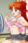 blush bow bow_panties breasts electric_fan eyebrows eyebrows_visible_through_hair fan hair_ribbon high_ponytail indoors lace lace-trimmed_panties long_hair mana_(super_real_mahjong) medium_breasts navel nipples no_bra official_art open_mouth orange_hair panties ribbon skirt solo super_real_mahjong surprised sweat tanaka_ryou underboob underwear white_panties wind wind_lift 