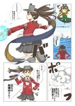  airplane animal animal_on_head aviator_cap bird bird_on_head blush_stickers brown_eyes brown_hair comic explosion fairy_(kantai_collection) fire flat_chest goggles goggles_on_headwear hand_on_hip highres japanese_clothes kantai_collection kariginu magatama miniskirt ocean on_head onmyouji outstretched_arms partially_translated pleated_skirt ryuujou_(kantai_collection) satsumaimo_pai scroll shikigami skirt sparkle standing standing_on_one_leg translation_request twintails type_0_fighter_model_52 visor_cap 