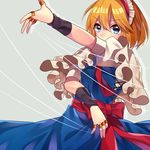  alice_margatroid blonde_hair blue_dress blue_eyes capelet dress frilled_capelet frills hairband looking_at_viewer puffy_sleeves puppet_rings red_sash renka_(sutegoma25) sash short_hair solo touhou wristband 