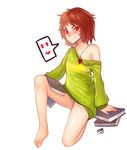  &gt;:) 3gs amulet book brown_hair chara_(undertale) fang heart highres oversized_clothes red_eyes short_hair smile solo spoilers striped striped_sweater sweater undertale v-shaped_eyebrows 