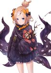  1girl :o abigail_williams_(fate/grand_order) absurdres bangs black_bow black_jacket blonde_hair blue_eyes bow commentary_request crossed_bandaids demon_girl fate/grand_order fate_(series) hair_bow hair_bun heroic_spirit_traveling_outfit highres jacket key long_hair long_sleeves looking_at_viewer object_hug orange_bow parted_bangs parted_lips polka_dot polka_dot_bow red_eyes simple_background sleeves_past_fingers sleeves_past_wrists solo star stuffed_animal stuffed_toy succubus teddy_bear tentacle white_background xo_(xo17800108) 