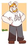  absurd_res asgore_dreemurr beard boss_monster caprine clothed clothing crown english_text facial_hair footwear fur goat happy hi_res horn long_ears mammal pants ryllcat21 shoes simple_background smile solo standing text undertale video_games white_fur 