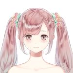  bangs bare_shoulders blue_reflection blush closed_mouth eyebrows_visible_through_hair eyelashes hair_ornament hair_scrunchie inoue_chihiro kishida_mel light_smile long_hair looking_at_viewer pink_hair portrait scrunchie sidelocks simple_background smile solo swept_bangs twintails white_background 