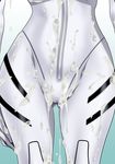  1girl ayanami_rei cameltoe close-up cum cum_on_clothes cum_on_lower_body cum_on_upper_body head_out_of_frame highres hikawadou hips legs lower_body neon_genesis_evangelion plugsuit shiny shiny_clothes simple_background solo standing thigh_gap thighs 