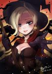  2016 absurdres bangle bat black_gloves black_hat black_wings blonde_hair blue_eyes blush bracelet breasts chibi chinese cleavage commentary dated earrings evening food_themed_earrings foreshortening gloves hands hat highres jack-o'-lantern jack-o'-lantern_earrings jewelry looking_at_viewer medium_breasts mercy_(overwatch) open_mouth outstretched_arm outstretched_hand overwatch pumpkin_earrings reaching roza4957 short_hair smile solo teeth upper_body wings witch_hat witch_mercy 