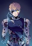  artist_name black_sclera blonde_hair broken cyborg earrings electricity genos gradient gradient_background jewelry male_focus one-punch_man open_mouth round_teeth signature solo suikka teeth torn_clothes upper_body yellow_eyes 
