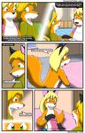  anthro blonde_hair blush brother canine clothed clothing comic covering covering_self female fox hair kitsune_youkai male mammal sibling sister text topless 