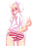  1girl ass blonde_hair blush breasts cat_ears cat_hood cat_tail fast-runner-2024 from_behind hair_bobbles hand_on_ass hoodie long_hair looking_at_viewer looking_back naala naughty_face original panties red_eyes shiny shiny_hair shiny_skin sideboob smile solo striped striped_panties tail 
