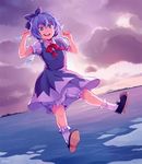  1girl artist_name bloomers blue_dress blue_eyes blue_hair bow cirno dress floating full_body hair_bow ice ice_wings mary_janes ocean open_mouth puffy_short_sleeves puffy_sleeves round_teeth shoes short_sleeves signature smile solo suikka teeth touhou underwear wings 