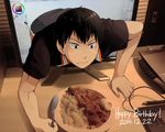  2014 black_eyes black_hair dated drooling egg food haikyuu!! happy_birthday kageyama_tobio male_focus monitor photo_background plate rice scanner solo spoon suikka tablet through_screen upper_body 