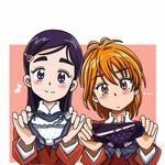  blush_stickers bow bow_panties brown_eyes eighth_note futari_wa_precure h26r hair_ornament hairclip heart heart_hair_ornament holding holding_panties long_sleeves misumi_nagisa multiple_girls musical_note orange_hair panties polka_dot polka_dot_panties precure purple_eyes purple_hair school_uniform smile underwear upper_body yukishiro_honoka 