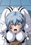  1girl ayanami_rei bdsm blue_hair blush bondage breasts erect_nipples highres hikawadou large_breasts legs looking_at_viewer lying neon_genesis_evangelion on_stomach open_mouth plugsuit raised_eyebrows red_eyes restrained short_hair solo sweat thighs tongue 