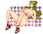  3gs bandeau bangs blush bottomless breasts checkered checkered_background convenient_leg covering covering_breasts elf elsword flower full_body green_eyes green_hair hair_flower hair_ornament highres knees_up large_breasts leaf long_hair looking_at_viewer lying nervous_smile no_socks o-ring o-ring_top on_back pointy_ears rena_(elsword) sandals solo thighs toes wavy_hair 