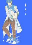  belt blue_background blue_eyes brown_pants creamyya eyebrows eyebrows_visible_through_hair full_body headset highres kaito looking_down male_focus pants scarf solo vocaloid water wet wet_clothes wet_hair wringing_clothes 