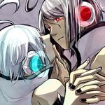  ahoge black_nails closed_mouth creamyya dark_persona dual_persona eye_contact finger_to_another's_mouth glowing green_eyes grey_hair holding_hands interlocked_fingers looking_at_another male_focus multiple_boys nail_polish red_eyes utatane_piko vocaloid white_hair white_nails 