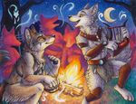  2016 ambiguous_gender anthro bonfire canine dancing drum fur group lyre mammal musical_instrument night open_mouth outside silentravyn smile tribal wolf 