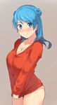  alternate_costume arched_back arm_behind_back bangs blue_eyes blue_hair blush breasts buttons cleavage clothes_tug collarbone cowboy_shot double_bun eyebrows eyebrows_visible_through_hair from_side grey_background kantai_collection large_breasts long_hair long_sleeves looking_at_viewer red_sweater senbei_(senbe_i) simple_background smile solo sweater sweater_tug swept_bangs thighs urakaze_(kantai_collection) 