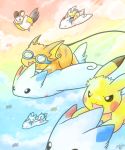  black_eyes blue_sky brown_eyes celine_(spleen) cloud cloudy_sky collaboration commentary crayonchewer creature creatures_(company) day emolga flying game_freak gen_1_pokemon gen_2_pokemon gen_4_pokemon gen_5_pokemon goggles multicolored multicolored_sky nintendo no_humans outdoors pichu pikachu pokemon pokemon_(creature) raichu riding riding_pokemon sky togekiss twilight 