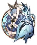  animal_ears armpits arms_up blue_hair breasts brown_gloves brown_legwear erune ferry_(granblue_fantasy) gloves granblue_fantasy highres long_hair looking_at_viewer medium_breasts open_mouth sideboob solo tansuke thighhighs whip 